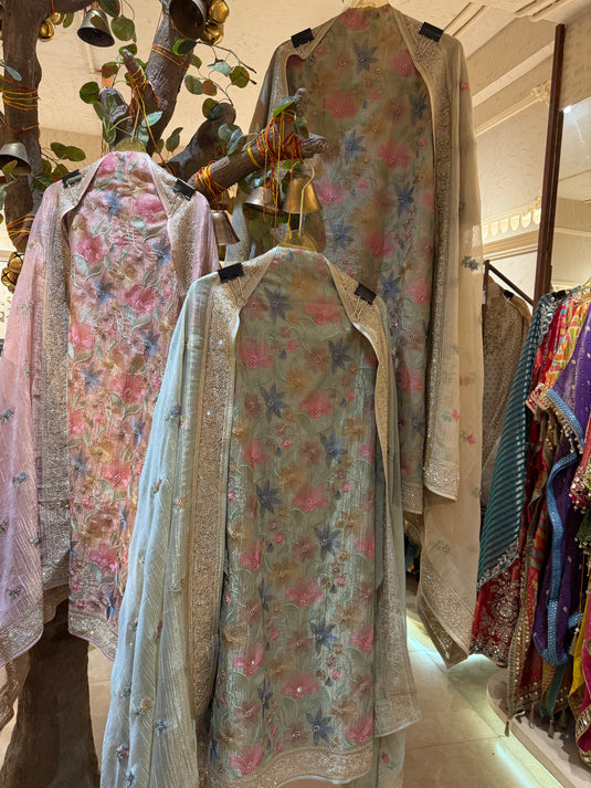 Crushed Organza french pastel work suit set