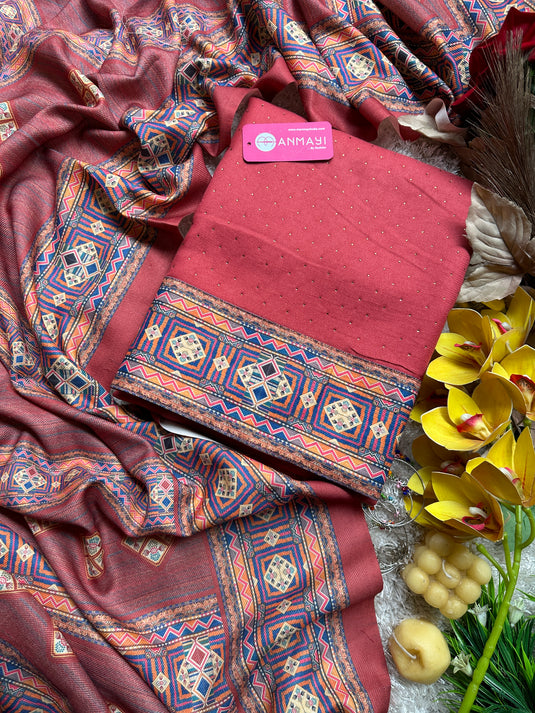 Swarovski work spun suit sets with printed shawls