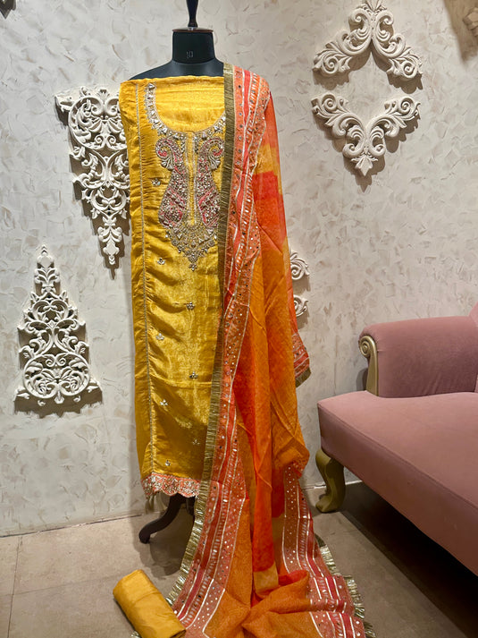 Tissue banarasi combination suit set with gotta mirror work and bandani dupatta