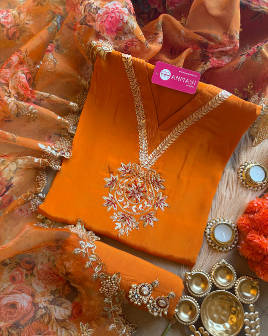 Pure Crepe embroidered v neck suit set