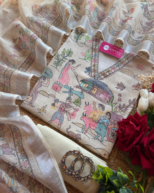 Kantha digital print linen ivory suit set