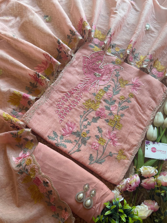 Swan pita work Mul Chanderi suit set