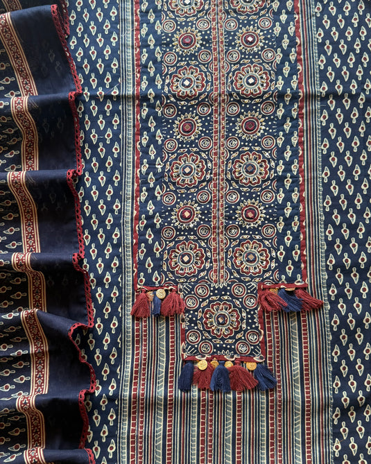 Jaipuri printed tassel neck pure cotton suit set