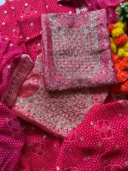 Brocade silk pita pearl work suit set with Banarasi Georgette dupatta