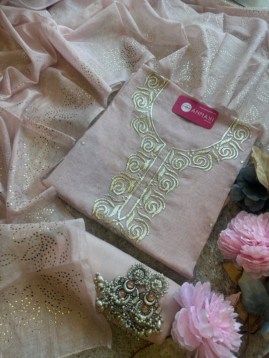 Pita Work mul chanderi pastel suit set by
