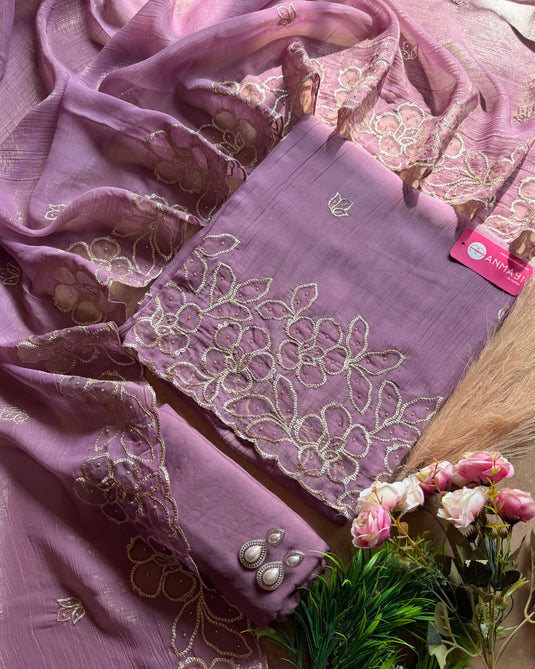 Applique work border crushed shimmer suit set