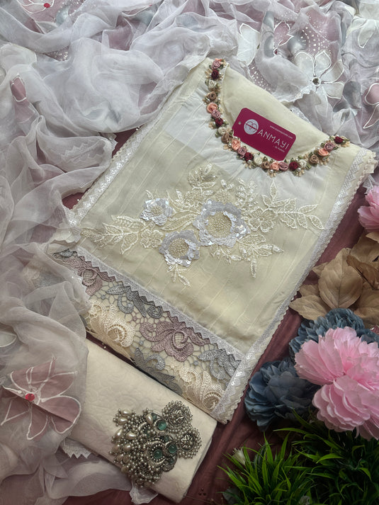 Ivory hand embroidered neck with crochet details organza suit