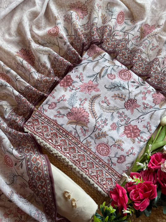 Chanderi silk beige flower print suit set