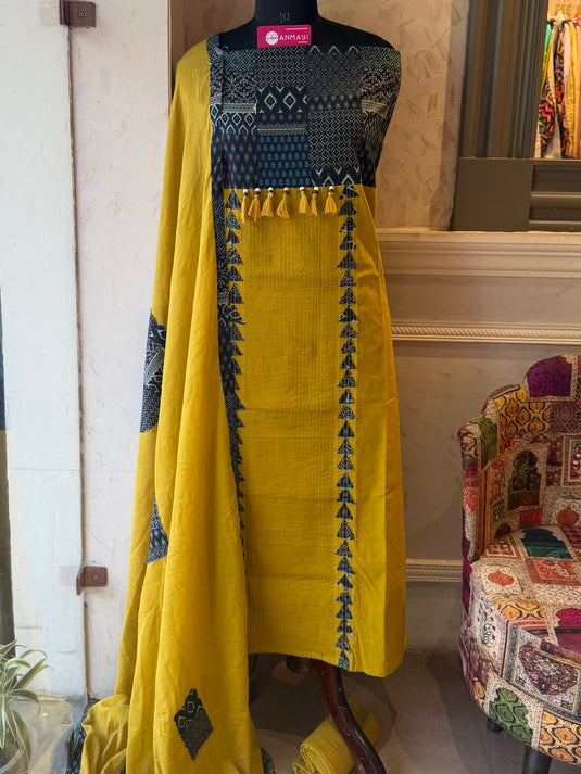 Yellow navy handloom cotton tassel neck suit set