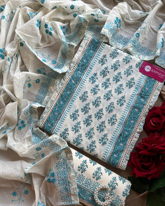 Panel block print suit embroidered suit with embroidered cotton dupatta