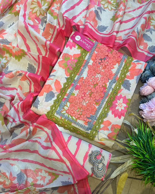 Bright floral cambric cotton crochet neck suit set