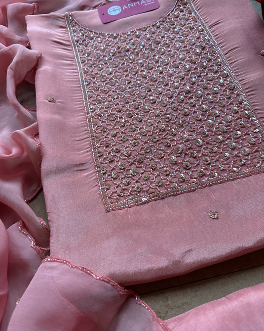 Shimmer tissue embroidered seaquins neck suit set with organza stole