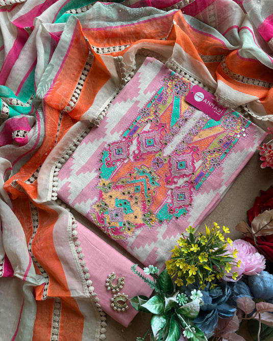 Boho neck Ikkat print pure linen muslin suit set