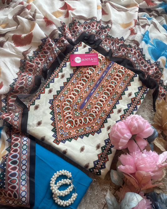 Muslin cotton Ikkat print suit set with rayon bottoms