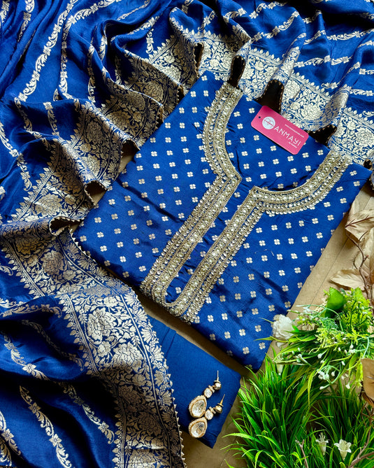 Dolla Silk Banarasi Kundan kurta Patti suit set