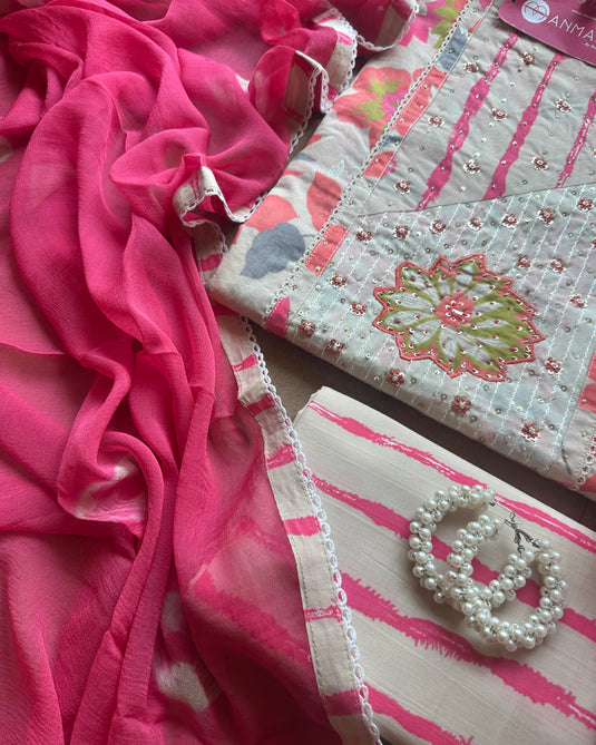 Neon flower cotton suit with pure chiffon batik dupatta