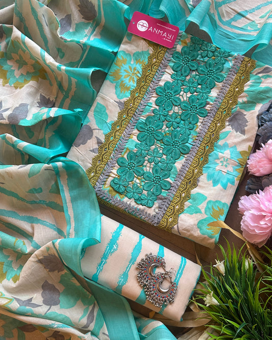 Bright floral cambric cotton crochet neck suit set