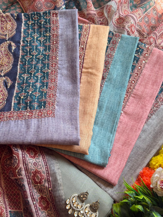 Kairi print Chanderi suit set with Kantha work dupatta