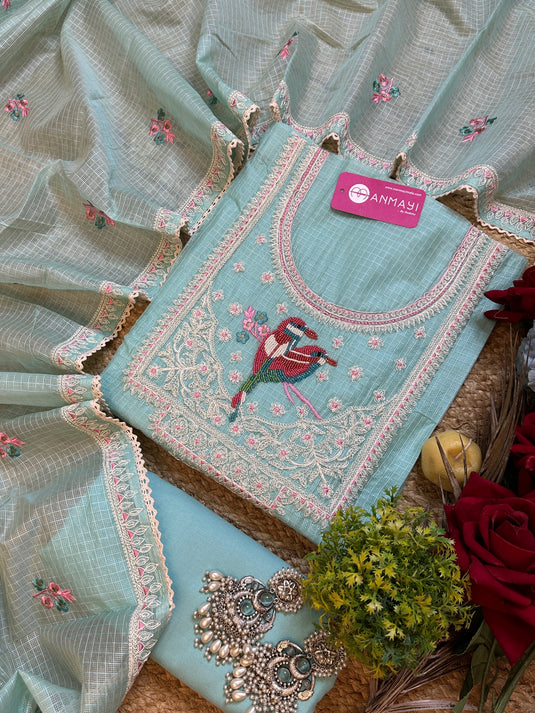 Kota Doria pearl parrot pastel suits with Dori work