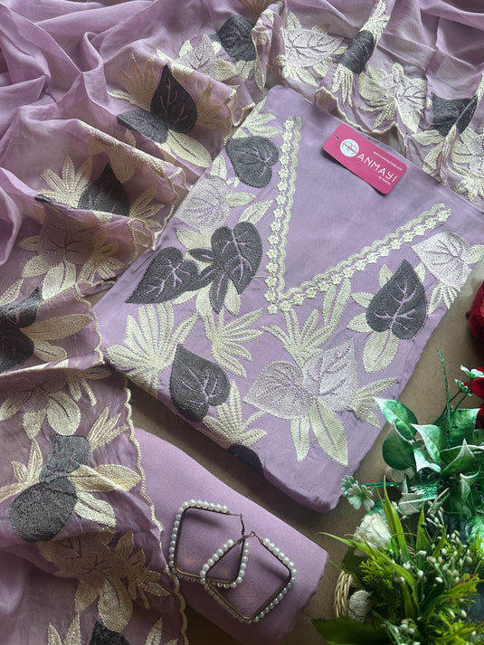 Mul Chanderi leafy embroidered suit set