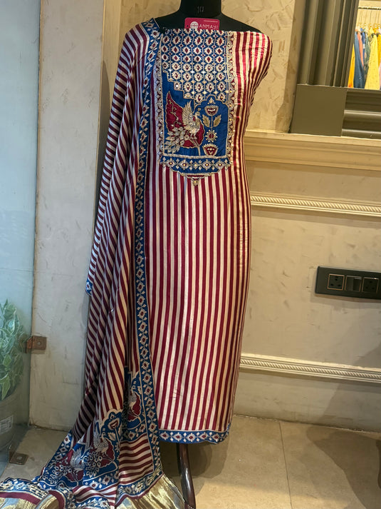 Royal Blue Maroon Highlighted neck pure Gajji silk suit set