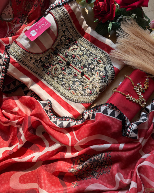 Stripes Russian silk suit set with patched embroidered neck