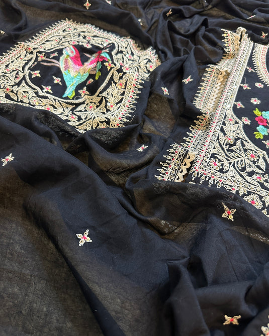 Parrot paradise embroidered cotton suit set