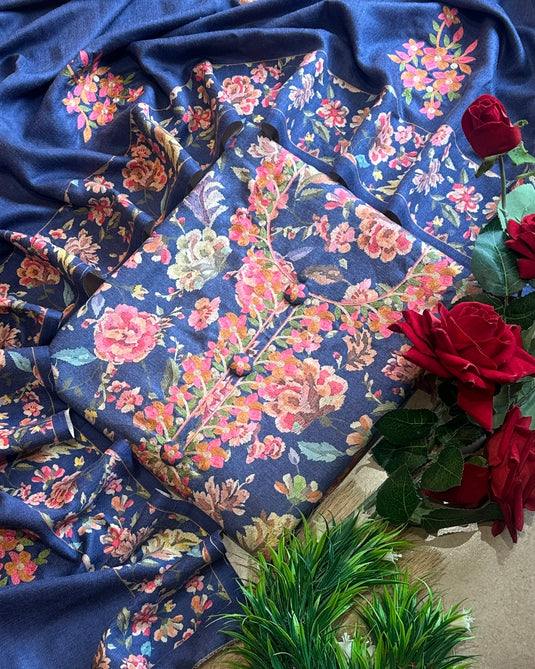 Embroidered semi pashmina floral suit set