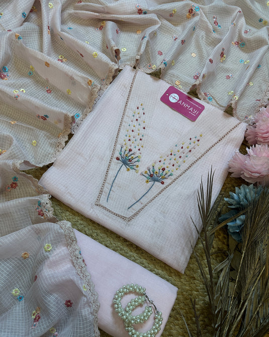 Coloured Pearls neck Kota Doria suit with garden dupatta
