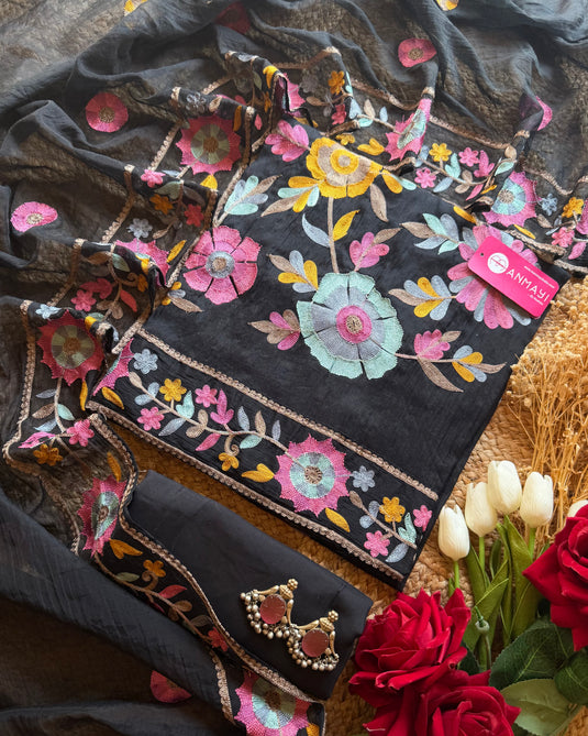 French coloured embroidery Mul Chanderi suit set