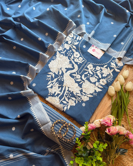 Soft Handloom swan thread work suit set