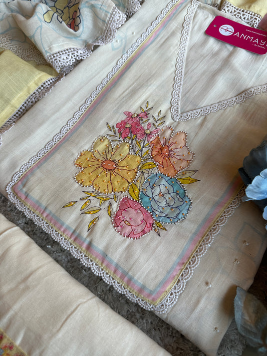 Ivory pure linen suit set with candy shades crochet dupatta