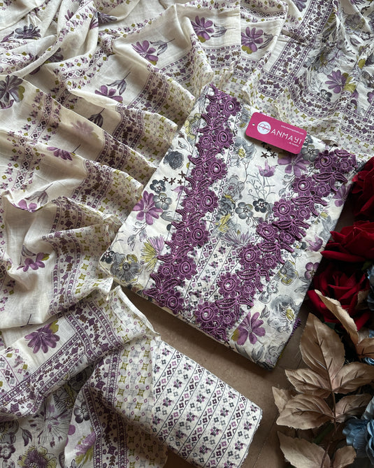 Floral white base cambric cotton Pakistani suit set