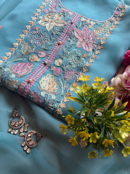Chiffon coloured aari work suit set