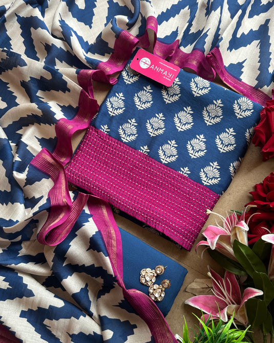 Pure Modals block print suit set with stripes dupatta and cotton bottom