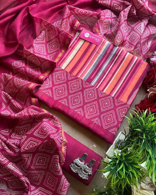 Stripes rainbow bandhani print pure Maheshwari suit set