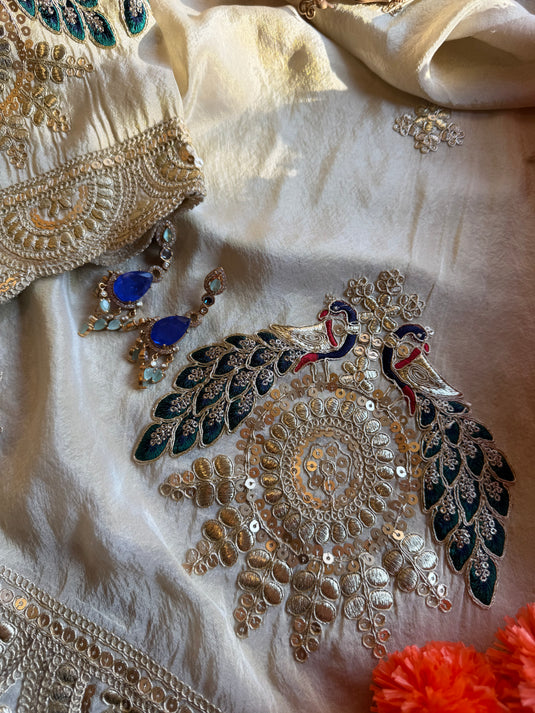 Shimmer silk embroidered dori peacock suit set