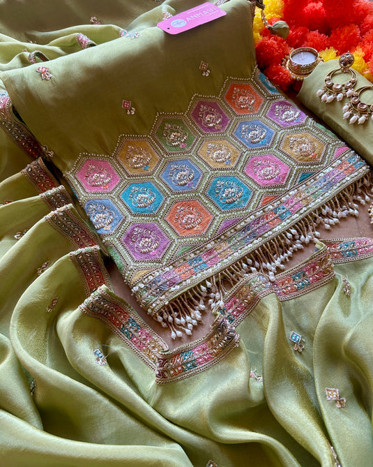 Shimmer silk coloured motif work suit set with silk bottom