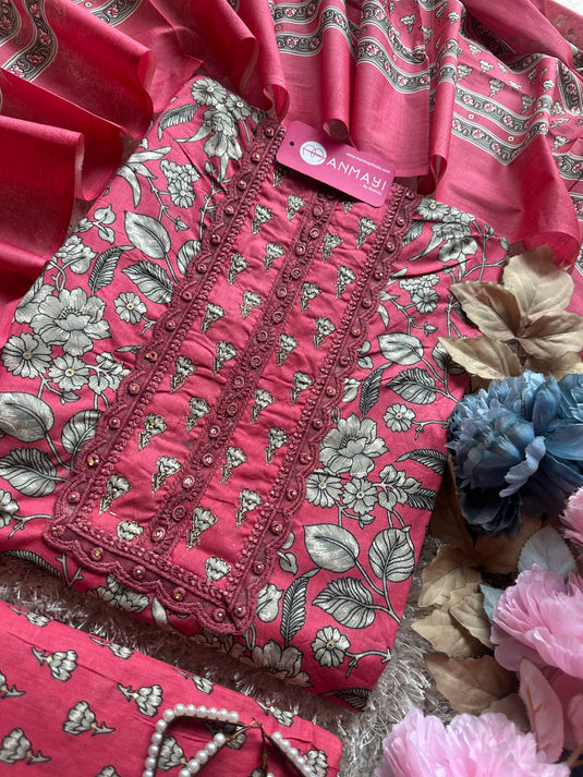 Patterned neck floral print cambric cotton suit