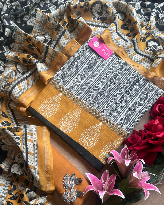 Abstract black and coloured pure Maheshwari suit set