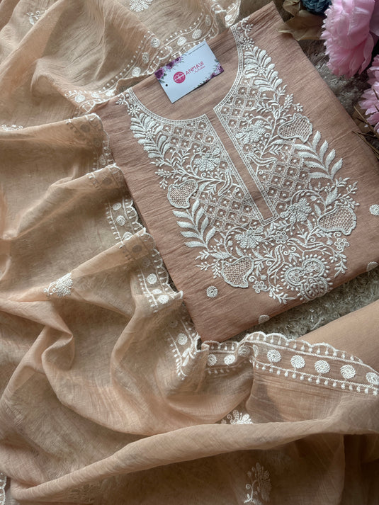 Mul Chanderi Chikankari pearl neck suit set