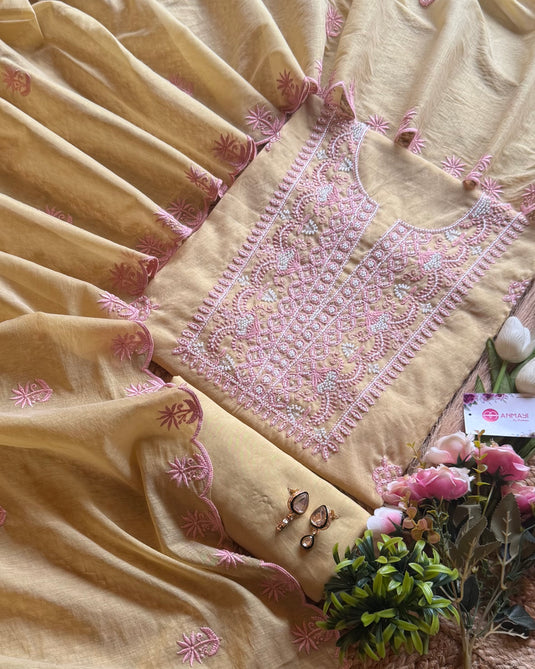 Little pearl lucknawi work Mul Chanderi suit set