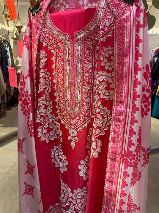 Floral patterned pearl highlight raw silk suit set