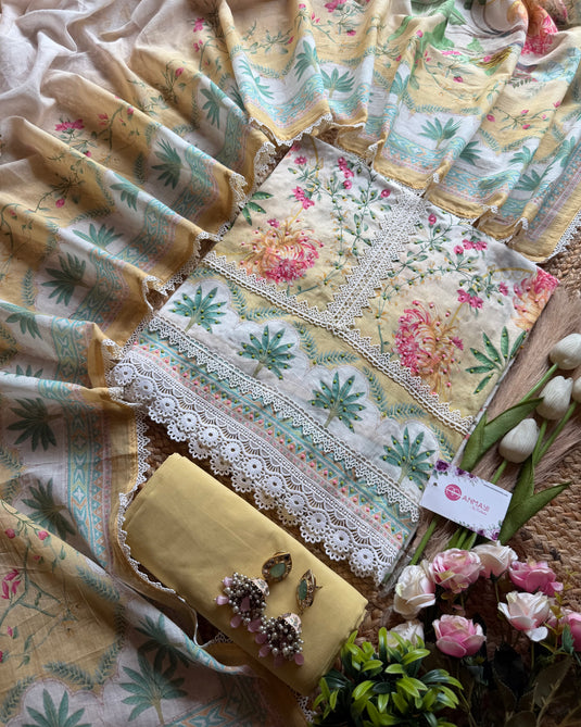 Palm scene patterned soft Mul cotton suit set with ombre effect