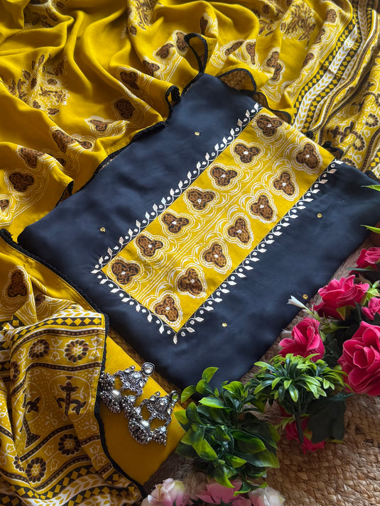 Ajrakh print modal silk black suit set
