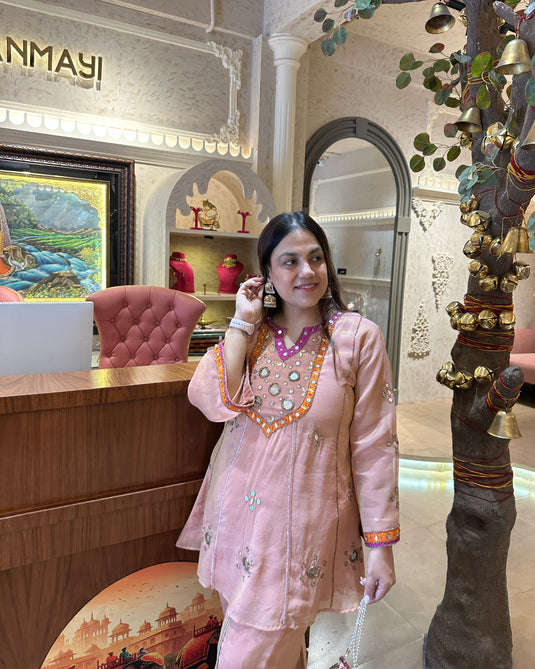 A line plazo mirror work shimmer organza coord set with potli