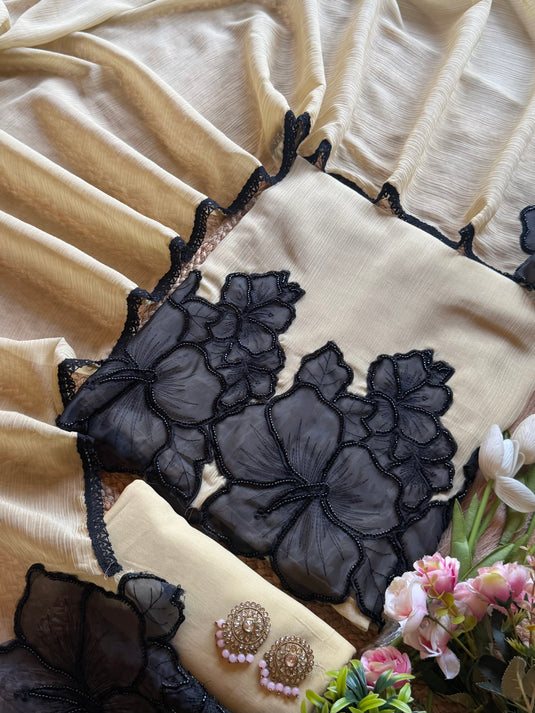 Black rose organza embroidered patch crushed Mul Chanderi suit set