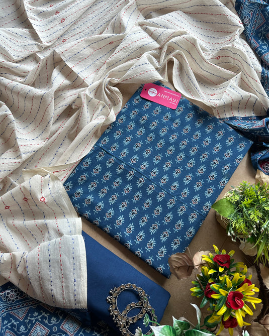 Ajrakh cotton kantha stripes dupatta set