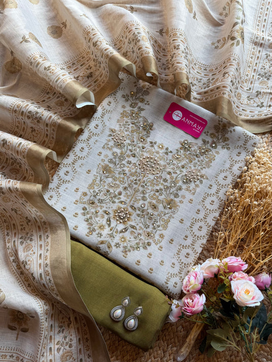 Beige base shimmer linen knot work neck suit