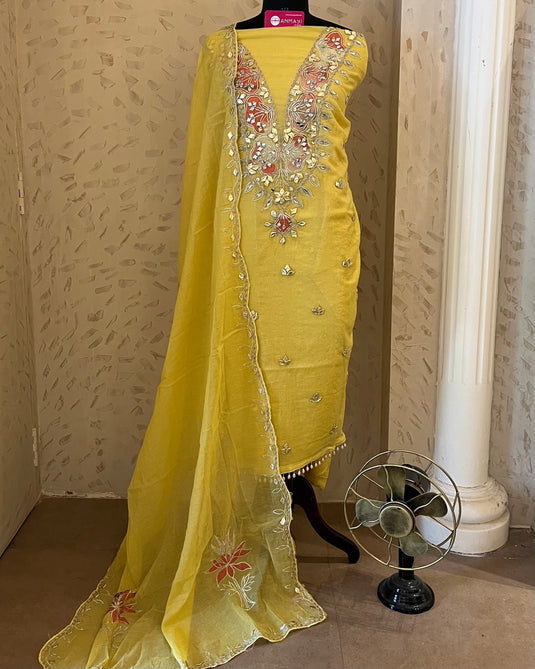 Gotta embroidered neck pure mul chanderi suit set